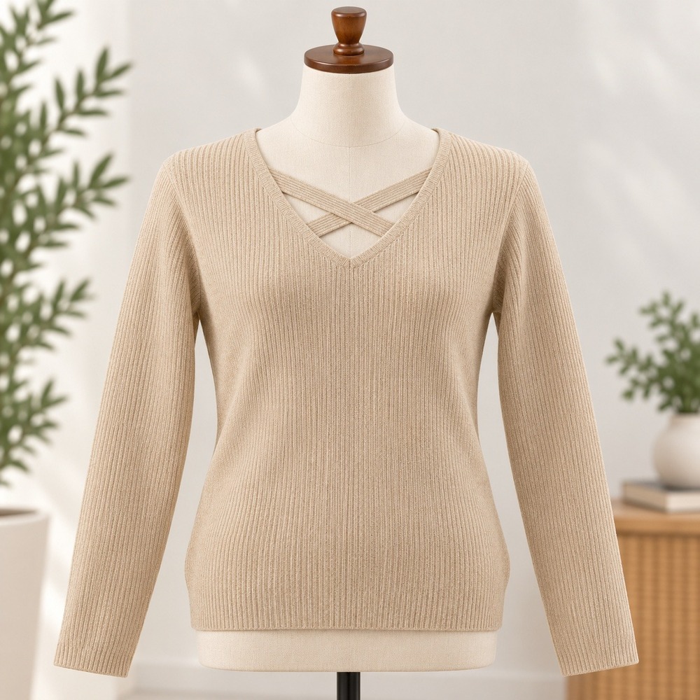 Sheilay Ribbed Knit V-Neck Sweater Womens XL Tan Beige Criss Cross Strappy Top